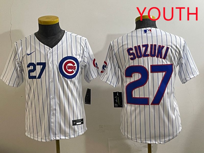 Youth 2025 Chicago Cubs #27 Suzuki White Stripe Game Nike MLB Jersey style 4